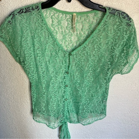 October sky lace see through button up tie front blouse - Picture 1 of 6